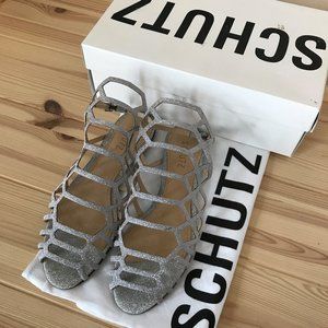 SCHUTZ Cosmopolitan Silver Glitter Flat Sandals